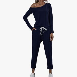 Shein Asymmetrical Neck Long Sleev Drawstring Waist Jumpsuit with Pocket